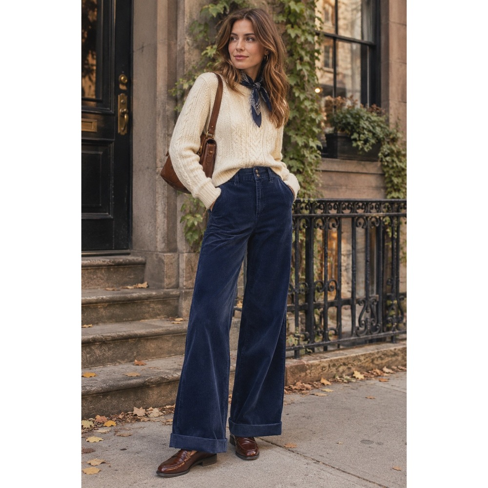 Vintage 70s 80s Stuffed Jeans Navy Blue Corduroy Wide Leg Trousers - Size 26